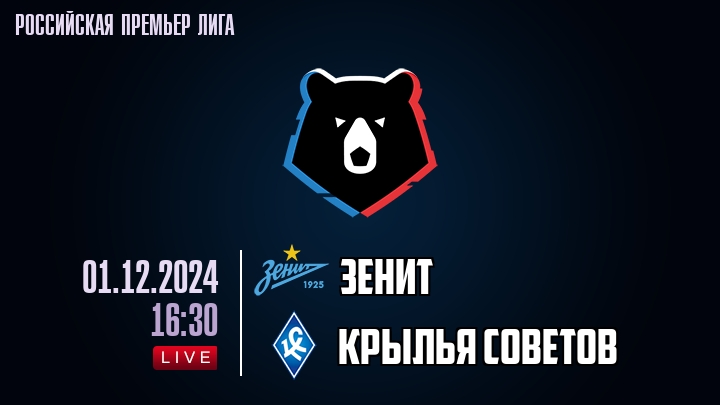 Зенит - Крылья Советов - смотреть онлайн 1 декабря 2024