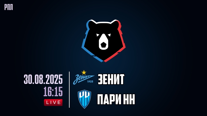 Зенит — Пари НН, смотреть онлайн 30 августа 2025