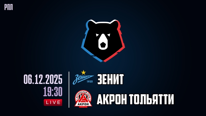 Зенит — Акрон Тольятти, смотреть онлайн 6 декабря 2025