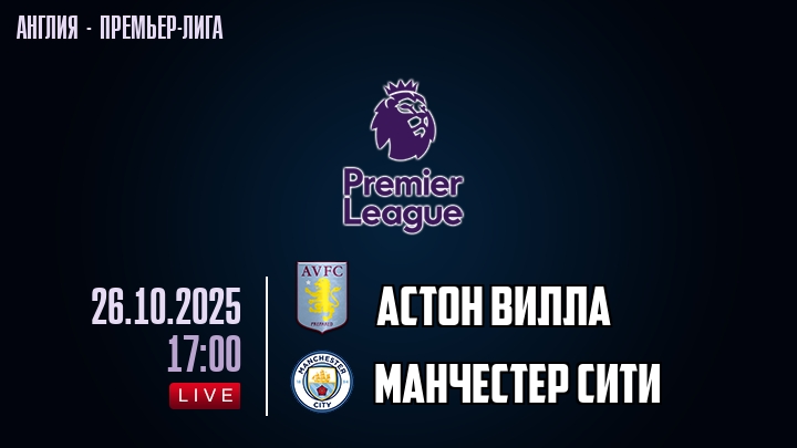 Астон Вилла — Манчестер Сити, смотреть онлайн 26 октября 2025