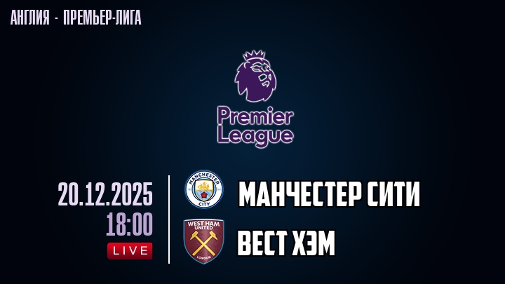 Манчестер Сити — Вест Хэм, смотреть онлайн 20 декабря 2025
