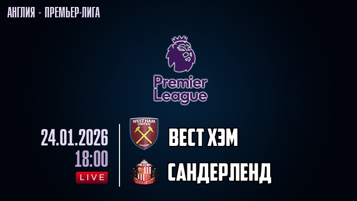 Вест Хэм — Сандерленд, смотреть онлайн 24 января 2026
