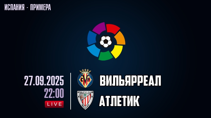 Вильярреал — Атлетик, смотреть онлайн 27 сентября 2025