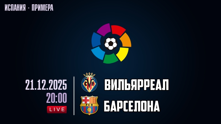 Вильярреал — Барселона, смотреть онлайн 21 декабря 2025