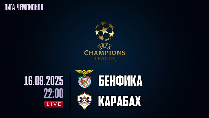 Бенфика — Карабах, смотреть онлайн 16 сентября 2025