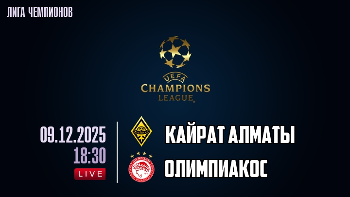 Кайрат Алматы — Олимпиакос, смотреть онлайн 9 декабря 2025